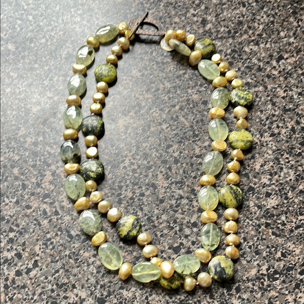 Green and Gold Double-Strand Necklace with Organic Beads